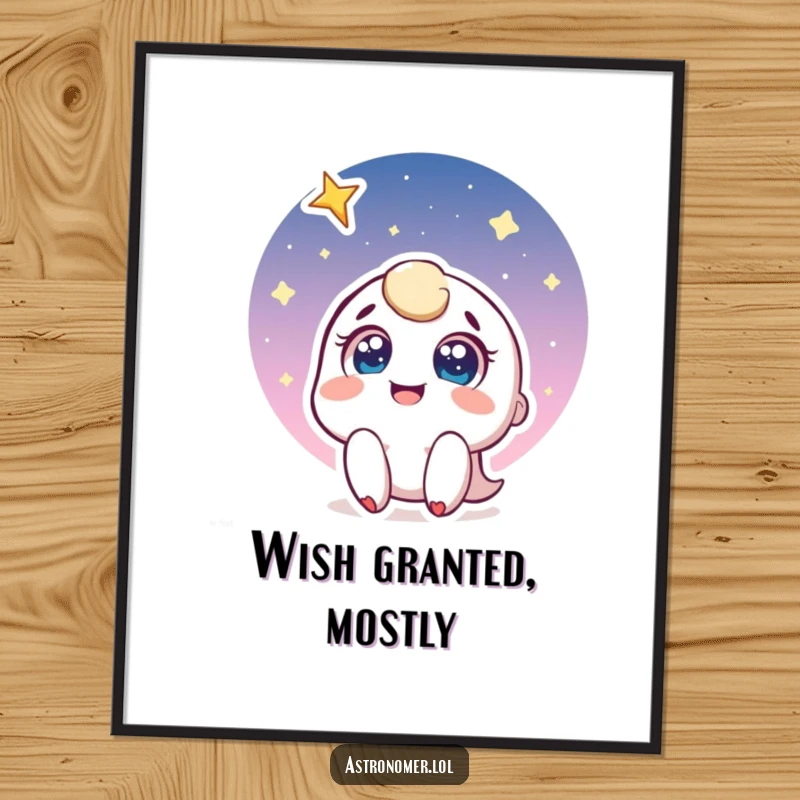 Funny digital art print of a joyful character with wide eyes, smiling up at a shooting star, capturing a magical and hopeful moment.