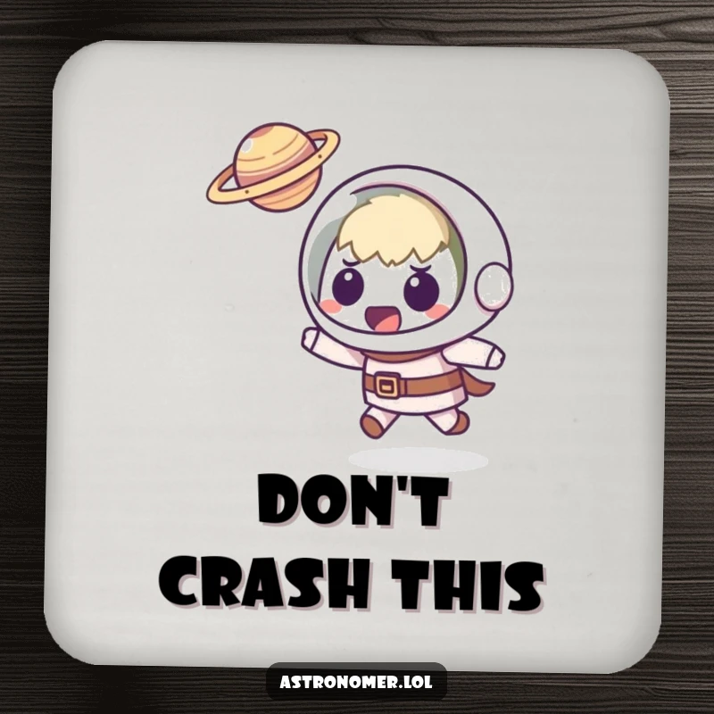 Funny Kawaii astronomer coaster depicting a startled character comically dodging a tiny, flying planet, offering humorous surface protection.