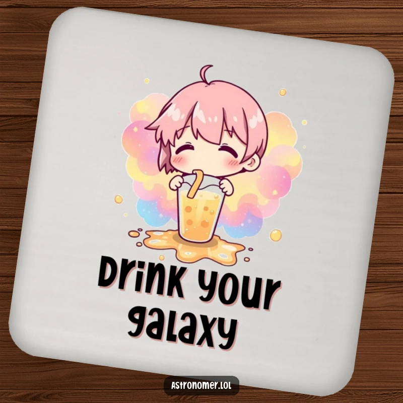 Funny drink coaster featuring a spilled drink that has artistically formed a nebulae pattern, protecting surfaces with stellar style.
