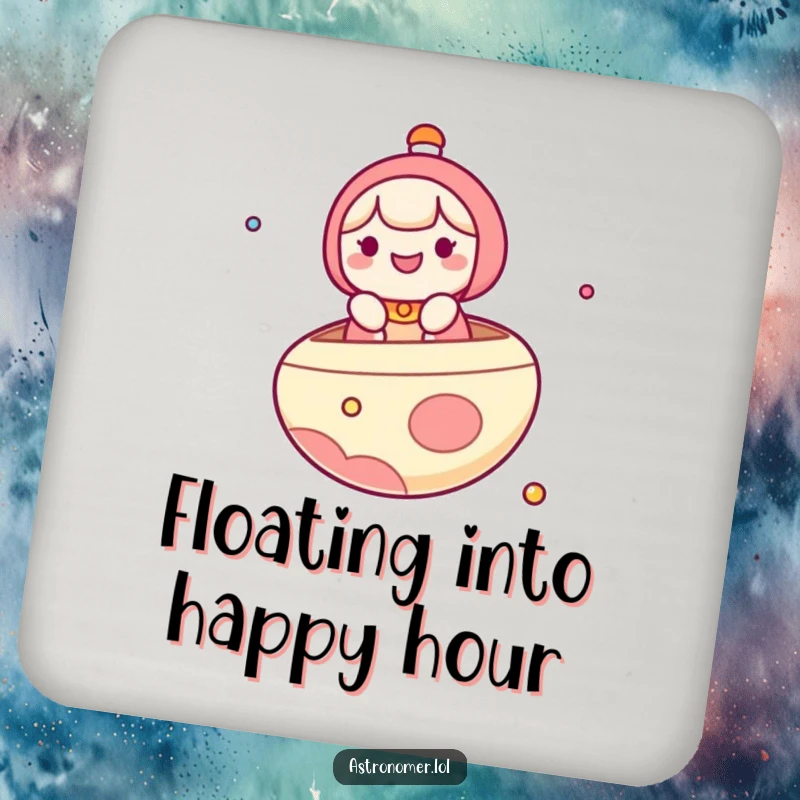 Funny Coaster: A cute kawaii character joyfully floats on a planet, depicted as a whimsical boat, adding humor to drinks.