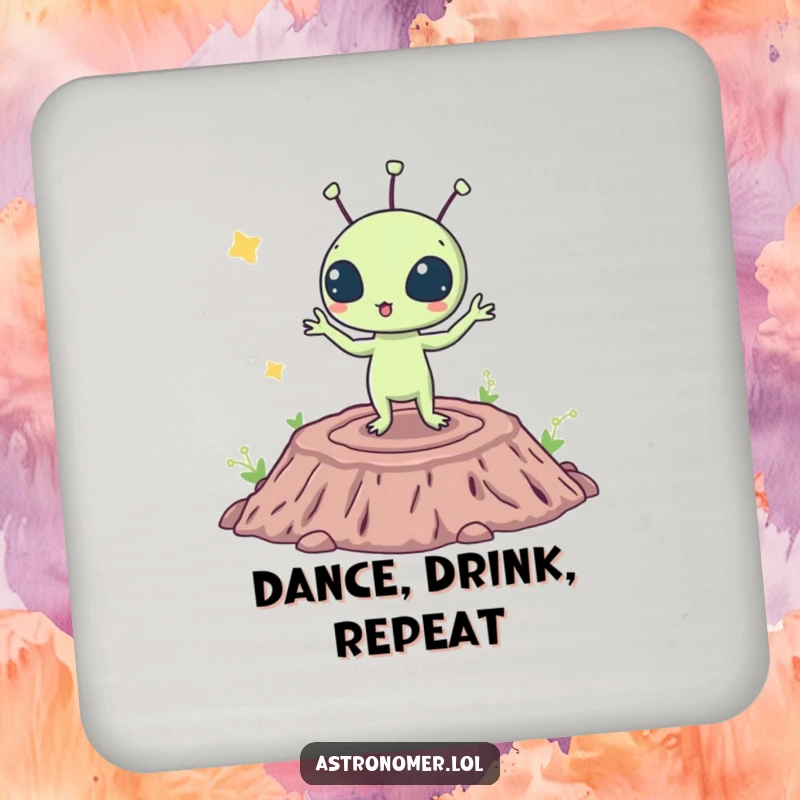 Funny coaster featuring a surprised alien doing a silly dance on a crater, adding extraterrestrial humor and surface protection.