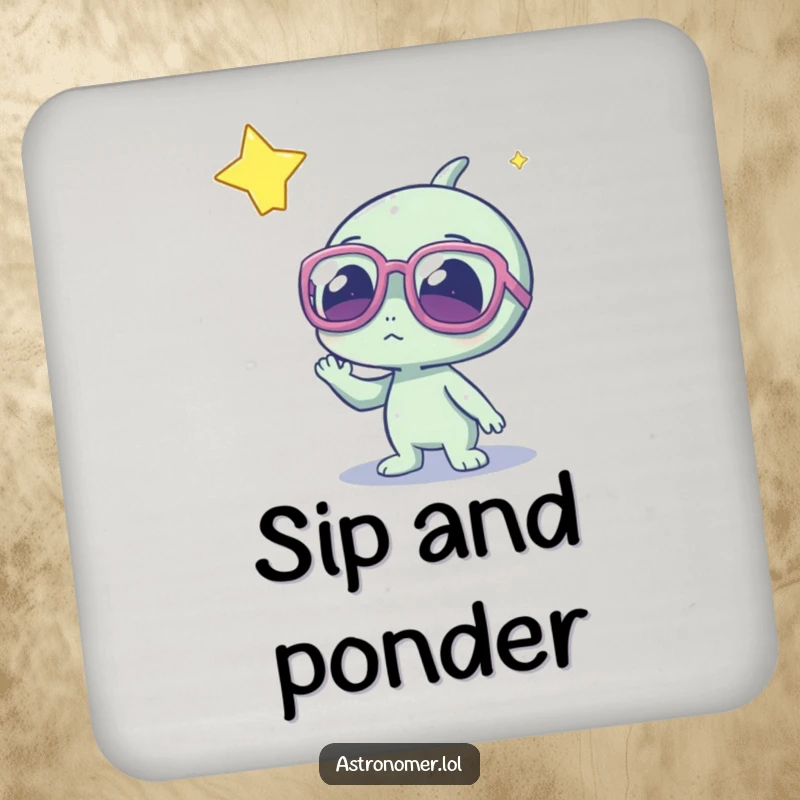 Funny alien with oversized glasses, looking at a star, cute and protective drink coaster for home bars.