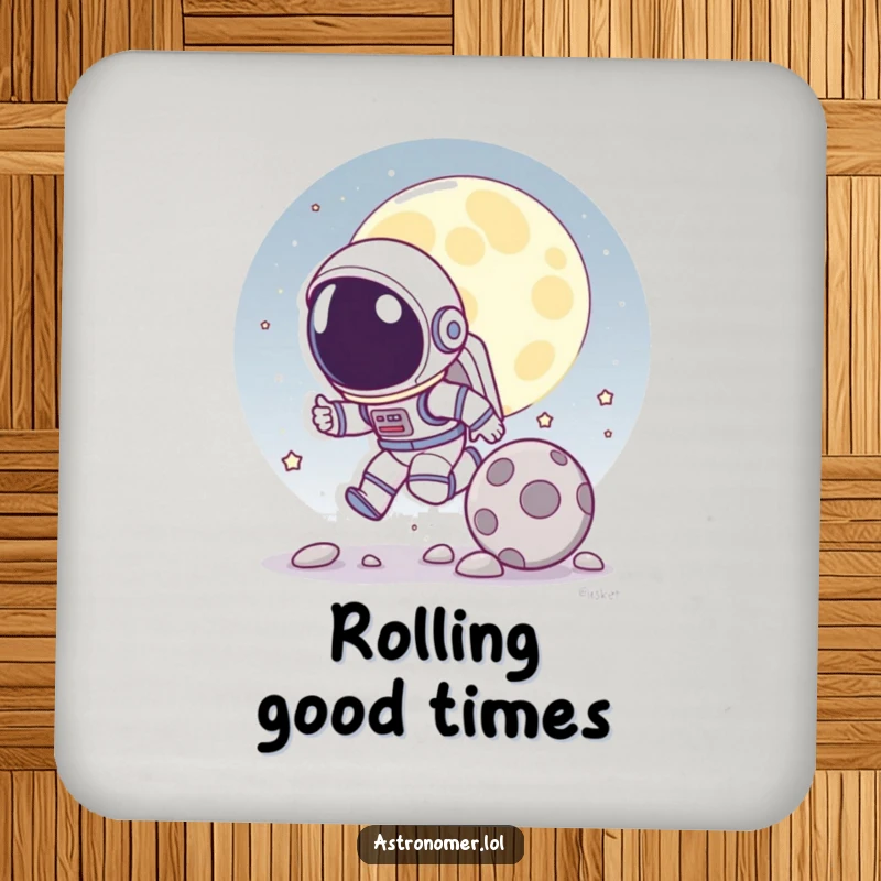 Funny drink coaster with a cartoon astronaut playfully chasing a rolling moon rock, adding humor to surface protection.