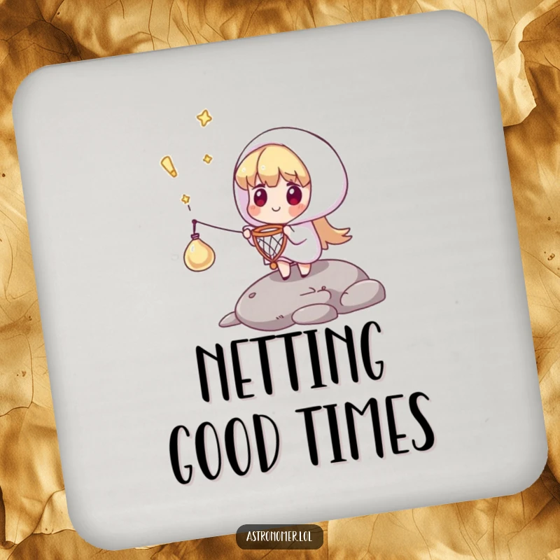 Funny drink coaster with a character catching a comet with a tiny net, protecting surfaces with a humorous, celestial theme.