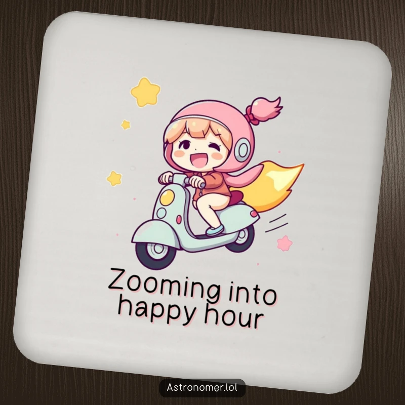 Funny Coaster: A joyful character rides a comet like a scooter through space, bringing a humorous cosmic touch to drinks.