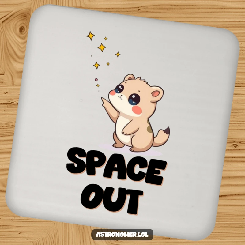 Funny drink coaster showing a curious creature contemplating a constellation, adding a humorous touch to drink service.