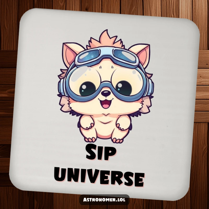 Funny drink coaster featuring a delighted creature with goggles looking at a tiny galaxy, adding a humorous touch.
