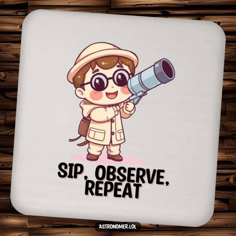 Funny Kawaii astronomer coaster depicting a smiling character with a comically large, wobbly telescope, offering humorous surface protection.