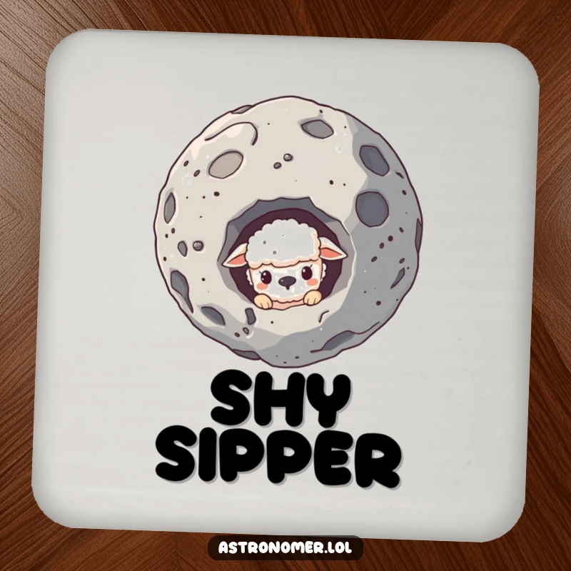 Funny drink coaster with a sheepish creature peeking from behind an asteroid, adding a humorous, shy touch.