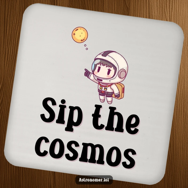 Funny space explorer coasters with an astronaut pointing at a galaxy, a humorous and protective gift for any tabletop.