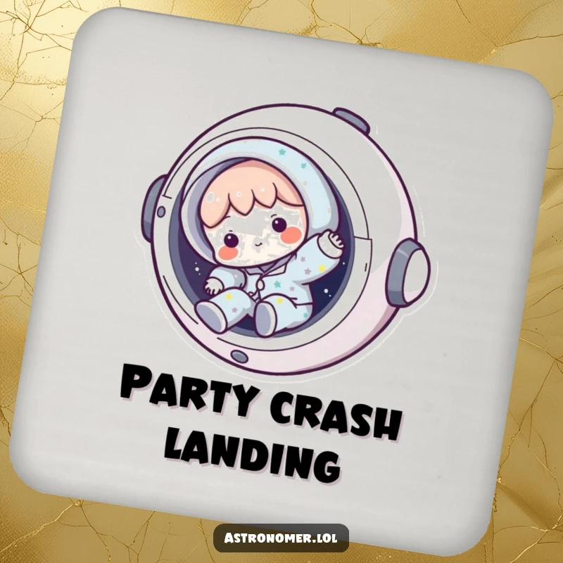 Funny spaceship entrance coasters with character tumbling from hatch, a humorous and protective gift for tabletops.