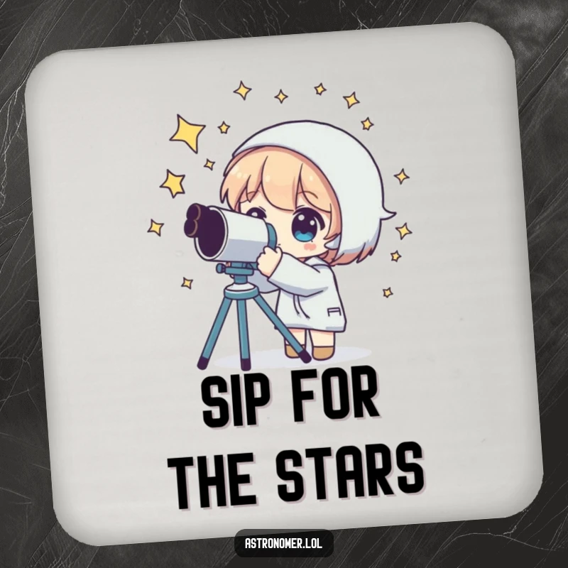 Funny drink coaster with a character looking through a telescope at stars, protecting surfaces with celestial style.