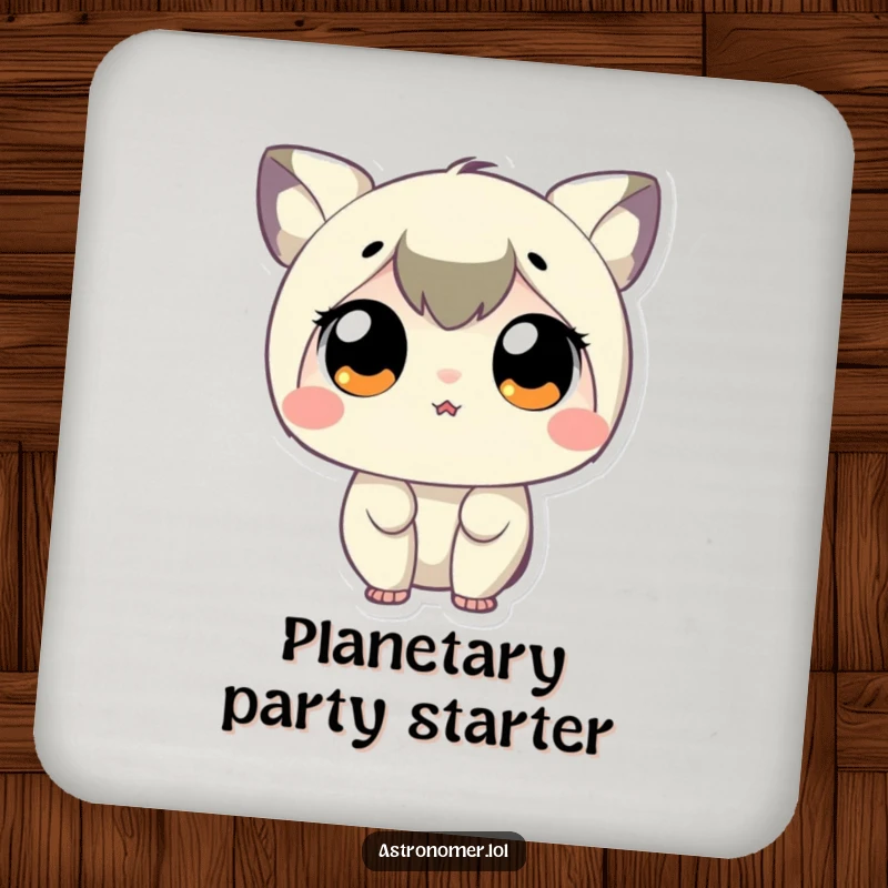 Funny Coaster with a tiny character gazing up with huge, delighted eyes at the vastness of space.