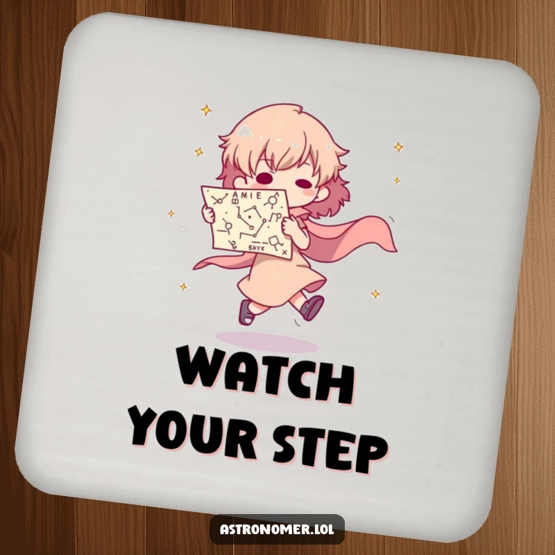 Funny drink coaster with a character tripping over a constellation map, protecting surfaces with cosmic humor.