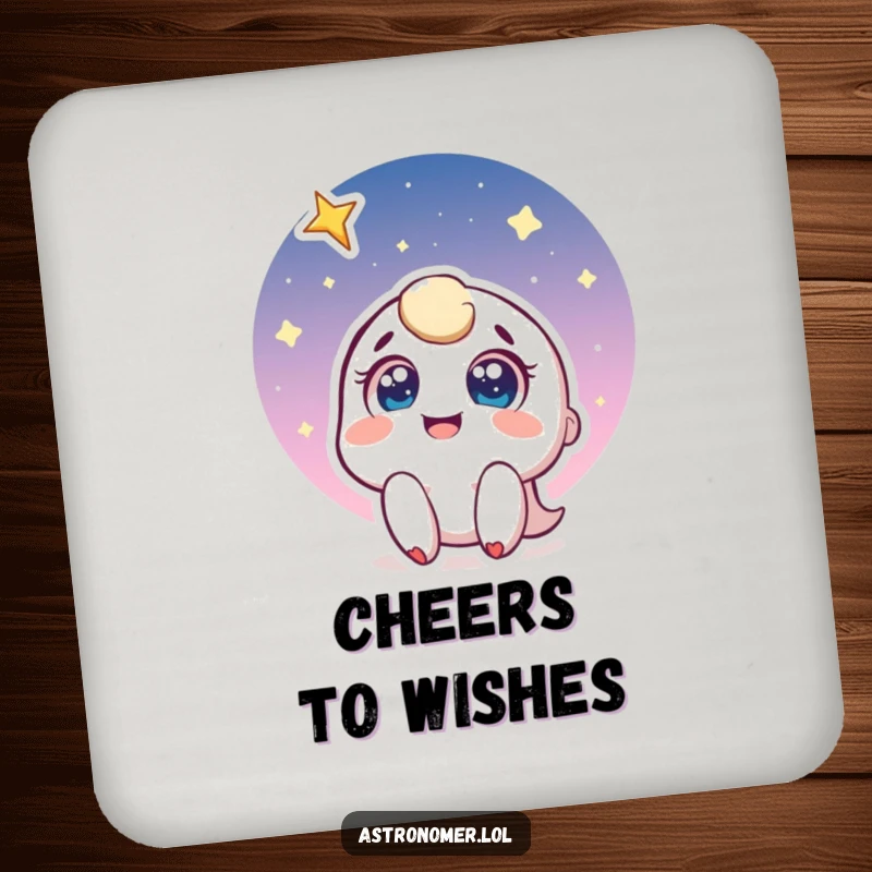 Funny drink coaster depicting a joyful character looking up with a smile at a shooting star, adding a touch of whimsy.