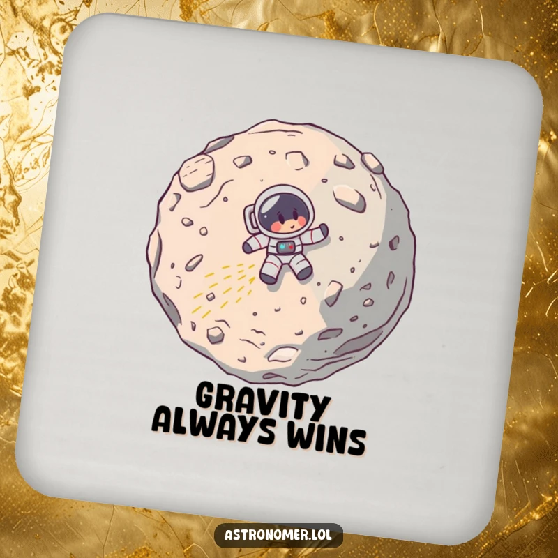 Funny drink coaster featuring a cartoon astronaut comically crashing into a large asteroid, protecting surfaces with humor.