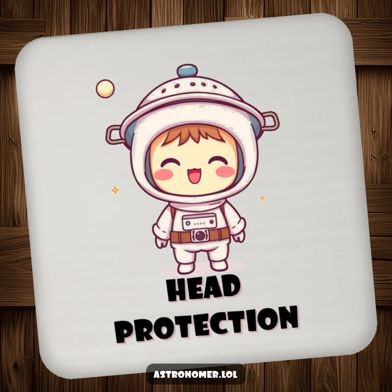 Funny Kawaii astronomer coaster depicting a giggling character wearing a colander as a helmet, offering humorous surface protection.