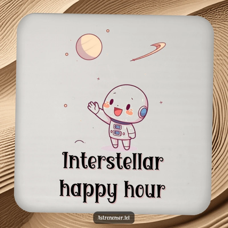 Funny Coaster showing a character waving hello to a distant planet, bringing cosmic greetings to your table.