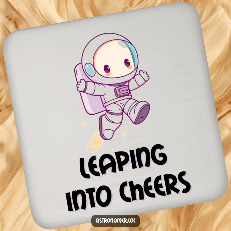 Funny Drink Coaster: A cute character in oversized astronaut boots takes a humorous giant leap, protecting surfaces.