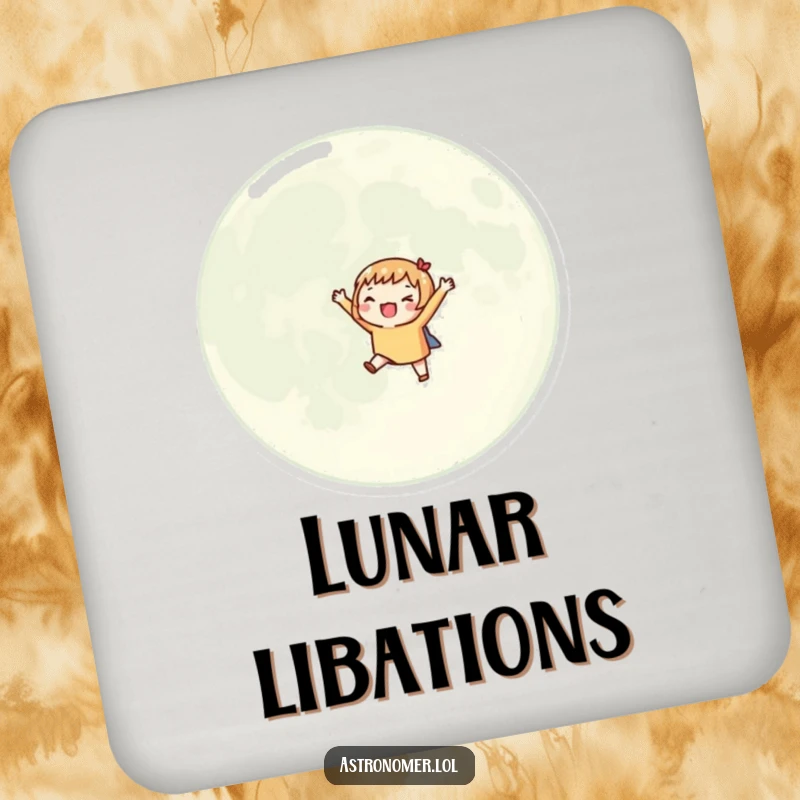 Funny drink coaster with a character orbiting a giant moon, adding playful cosmic vibes.