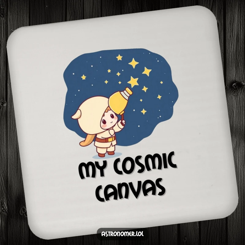 Funny Kawaii astronomer character painting stars onto a dark sky, adding a touch of mischief to this drink coaster.