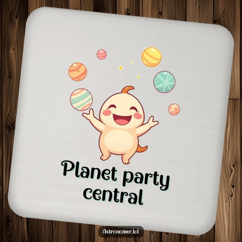 Funny drink coasters featuring a creature juggling glowing planets, protecting surfaces with a splash of cosmic humor and style.