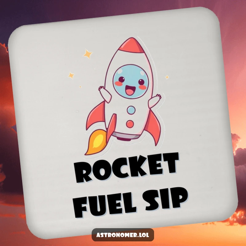 Funny drink coaster featuring a character joyfully pretending to be a rocket ship blasting off, adding a dynamic touch.