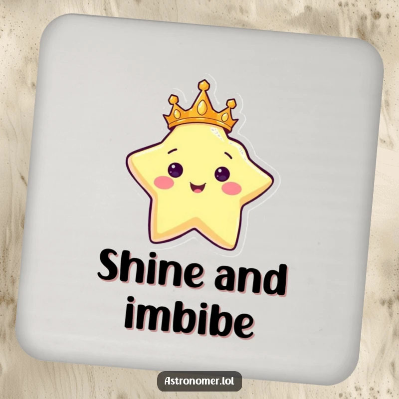 Funny coaster featuring a crowned star character shining brightly, adding royal humor and surface protection.