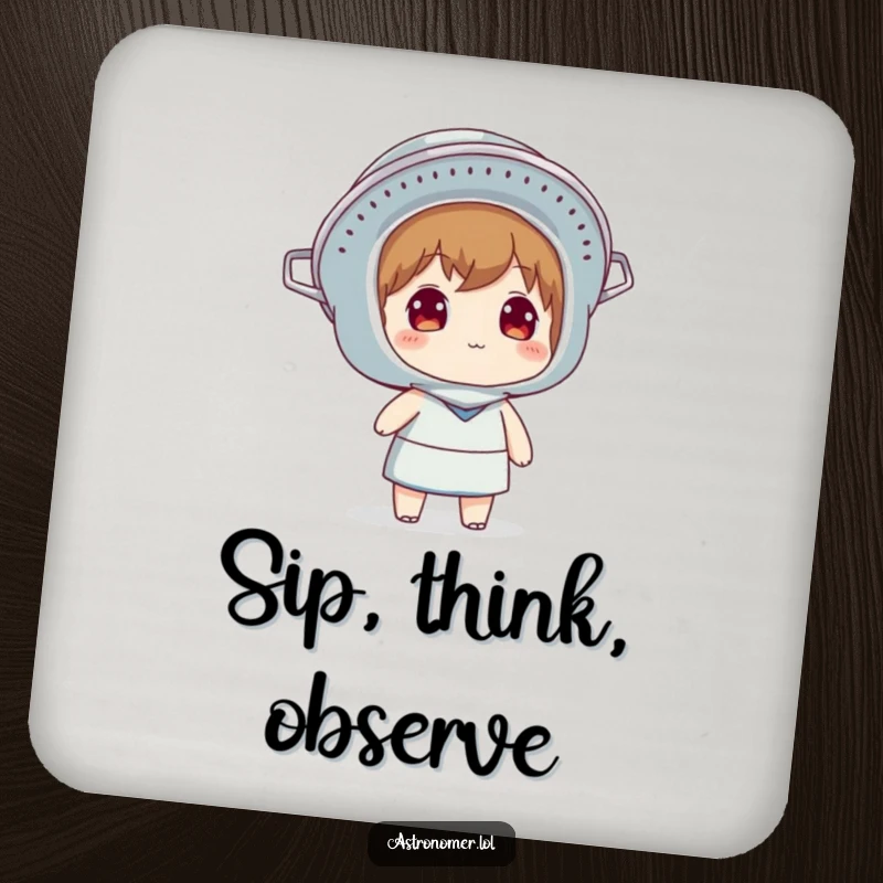 Funny drink coaster with a character wearing a colander as a helmet and looking at the sky, protecting surfaces with a humorous, celestial theme.