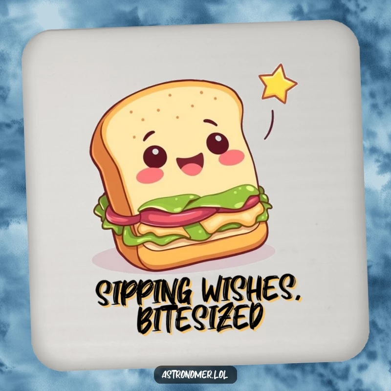 Funny cheerful sandwich attempting to catch a falling star, humorous coaster for drinks, whimsical food-themed table protection.