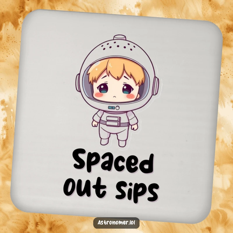 Funny drink coaster featuring a confused character using a colander as a space helmet, preventing drink rings with comic effect.