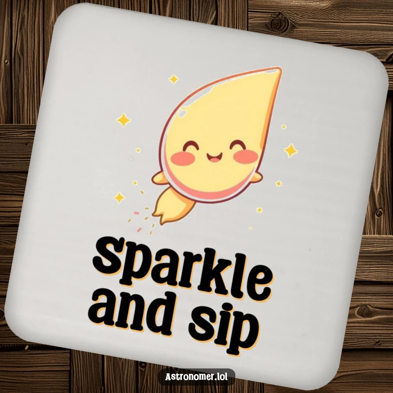 Funny coaster featuring a giggling comet character leaving a trail of sparkly dust, protecting surfaces with celestial humor.