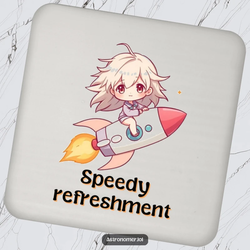 Funny drink coaster featuring a character riding a comet like a rocket, hair windblown, protecting surfaces with cosmic flair.