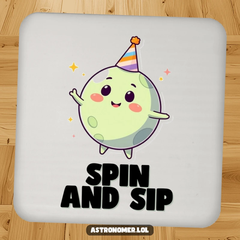 Funny happy planet character in a party hat, spinning with delight, humorous coaster for party tables.