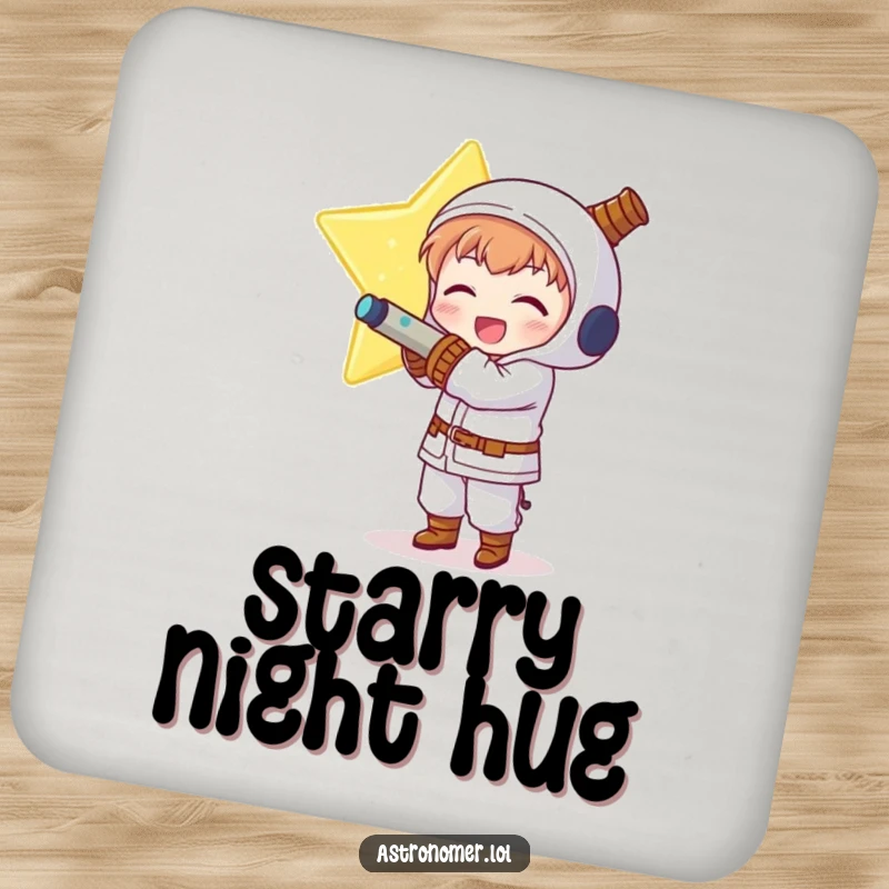 Funny Kawaii astronomer character joyfully hugging a glowing, impossibly huge star on this drink coaster.