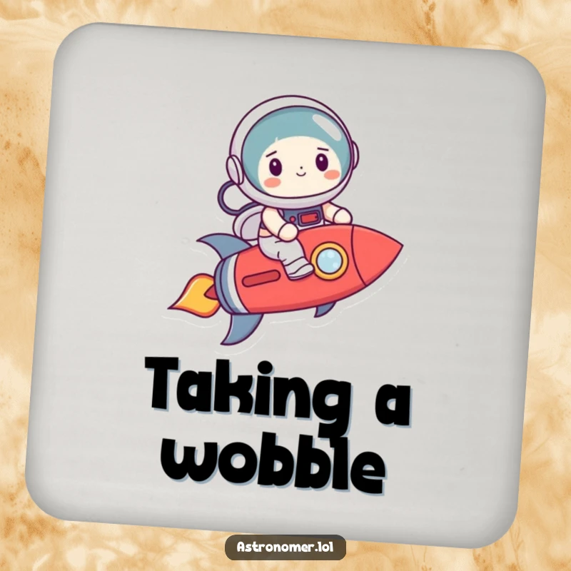 Funny astronaut nervously riding a crooked rocket, humorous coaster for protecting surfaces.