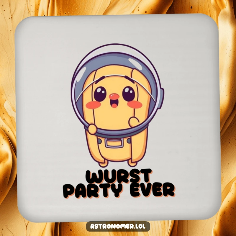Funny surprised hot dog wearing a tiny astronaut helmet, humorous coaster for drinks, space-themed table protection.