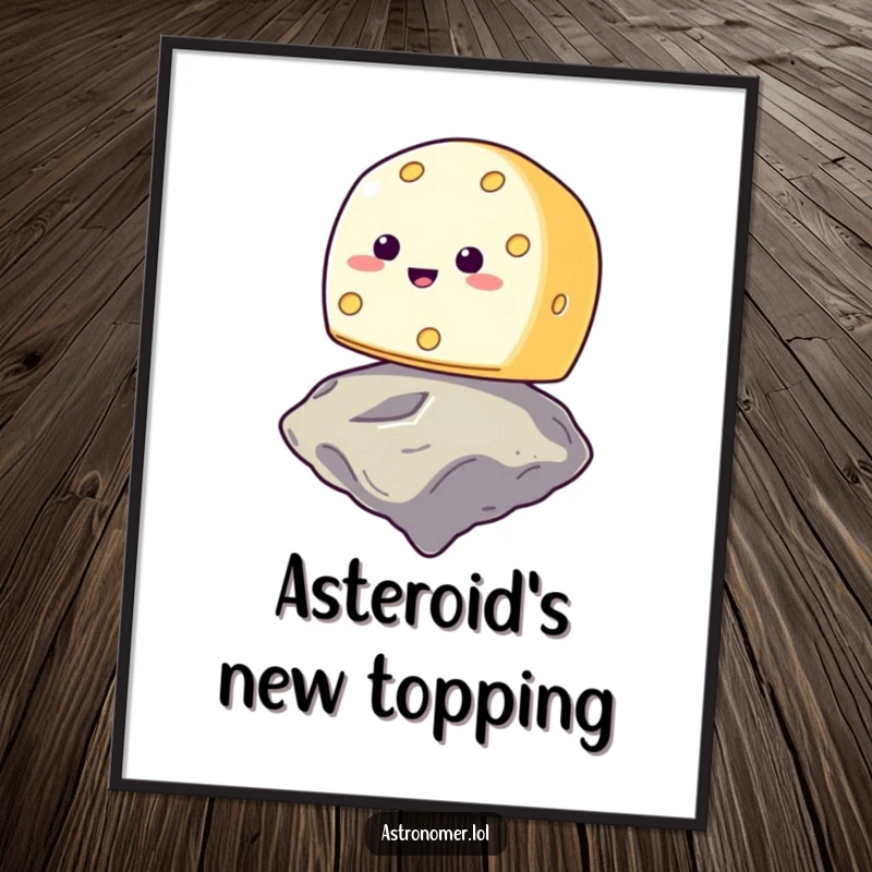 Funny smiling cheese wheel trying to balance on a floating asteroid, humorous cosmic art print, quirky wall decor.