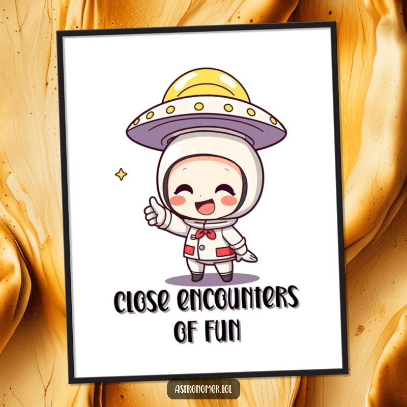 Funny Poster of a character with a huge grin pointing excitedly at a hovering flying saucer in the sky.