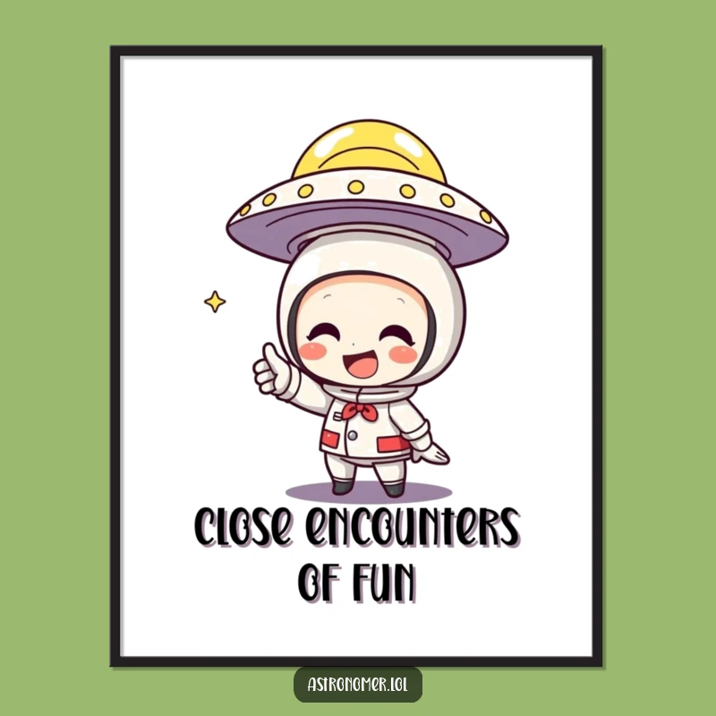 Funny UFO Poster: Character Points at Flying Saucer, Quirky Wall Art Gift