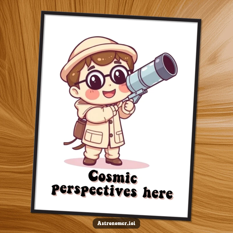 Funny Kawaii astronomer poster depicting a cheerful character holding a giant, unstable telescope, adding humorous cosmic vibes to any room.