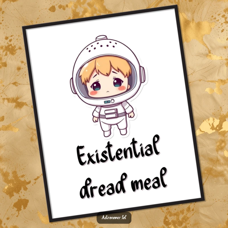 Funny poster depicting a character in a colander space helmet, looking utterly confused, a humorous addition to any room's decor.