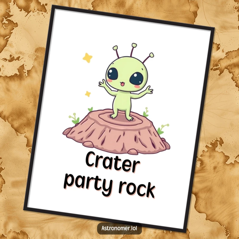 Funny poster of a surprised alien doing a hilarious dance on a crater, capturing extraterrestrial silliness and joy.