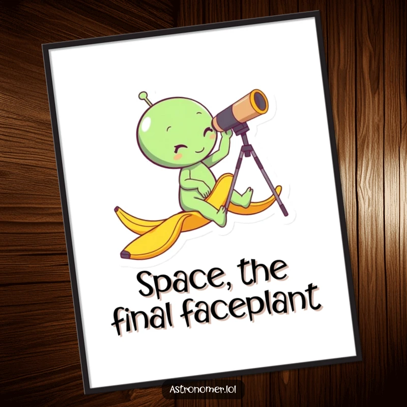 Funny alien slipping on a banana peel while looking through a telescope, humorous space art print, quirky wall decor poster.
