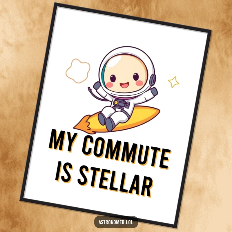 Funny Poster: An ecstatic astronaut rides a comet, showcasing a cheerful grin and a love for space travel.