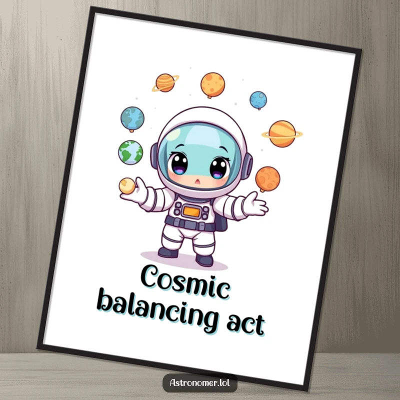 Funny Astronaut Poster: A cartoon astronaut with wide eyes impressively juggling miniature planet models in space.