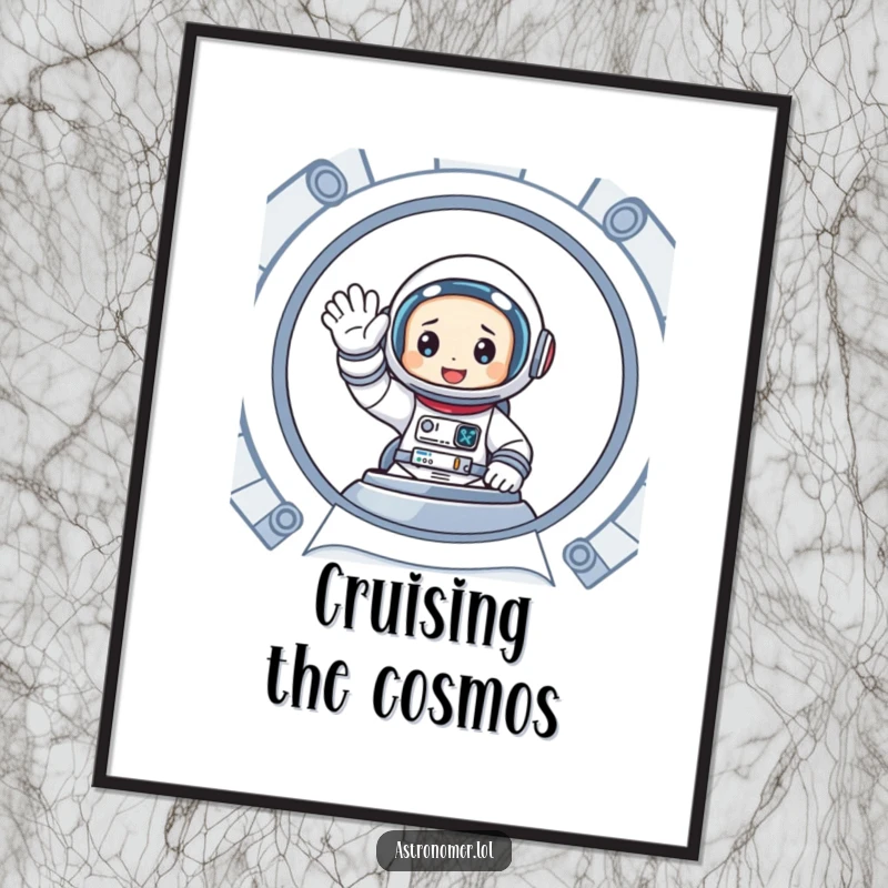 Funny poster of a cartoon astronaut enthusiastically waving from inside a spaceship, bringing cheer to wall decor.