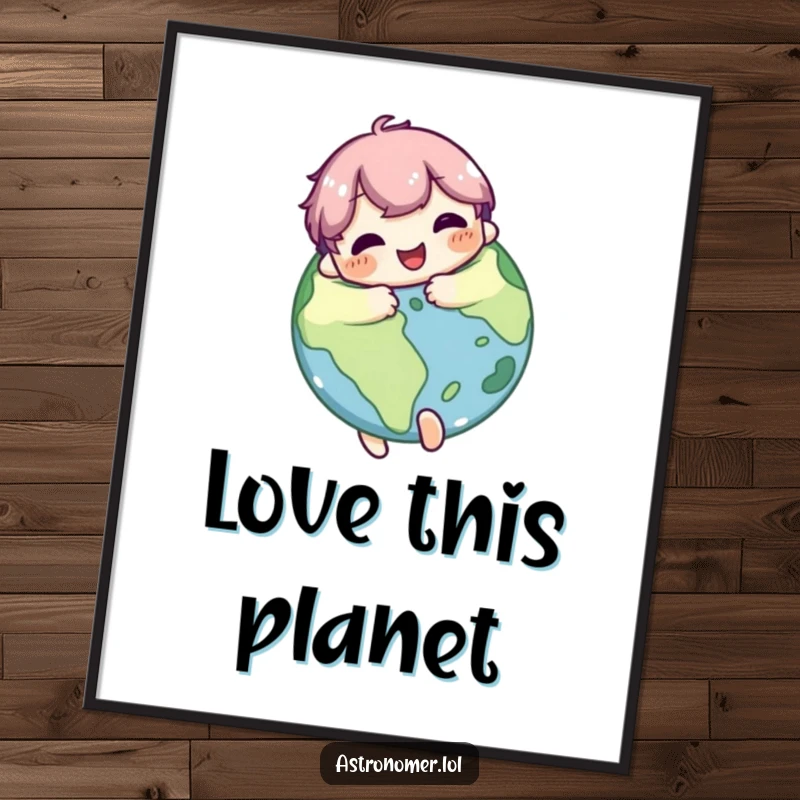 Funny Poster: Cute character joyfully hugs a planet with a pleased expression, embodying love and appreciation for celestial bodies.