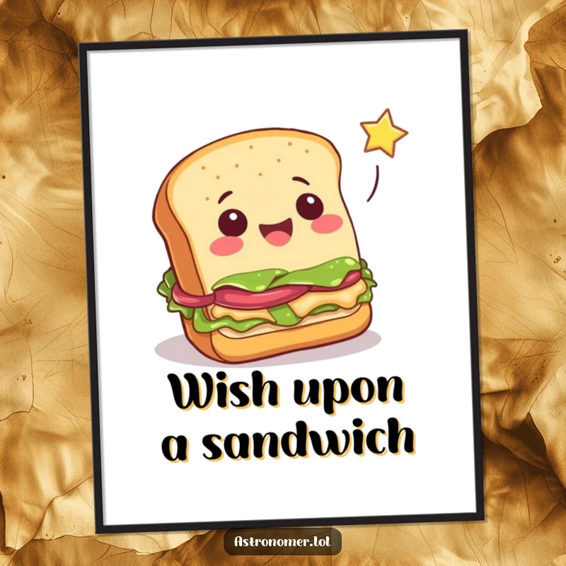 Funny cheerful sandwich attempting to catch a falling star, whimsical food art print, humorous wall decor for kitchens.