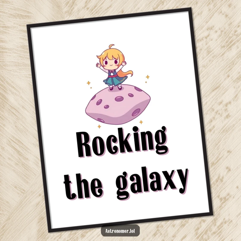 Funny poster illustrating a character joyfully dancing on a floating asteroid, creating a vibrant and humorous space scene.